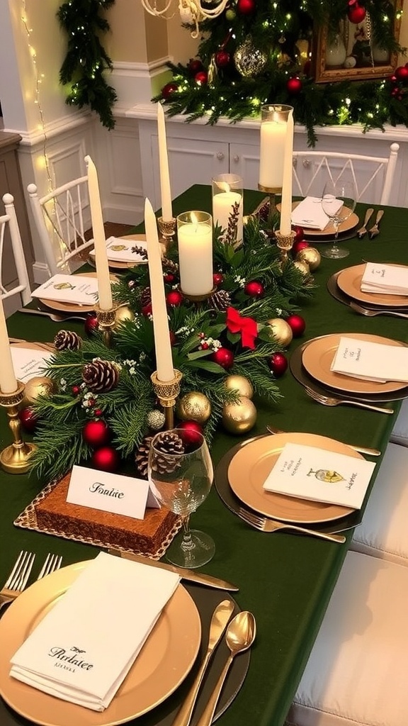 Christmas Table Decoration Trends for 2025 A festive Christmas table setting with greenery, candles, and personalized decorations.